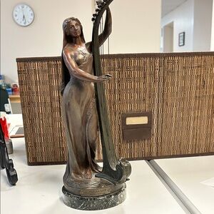 Bronze Harpist Sculpture Signed